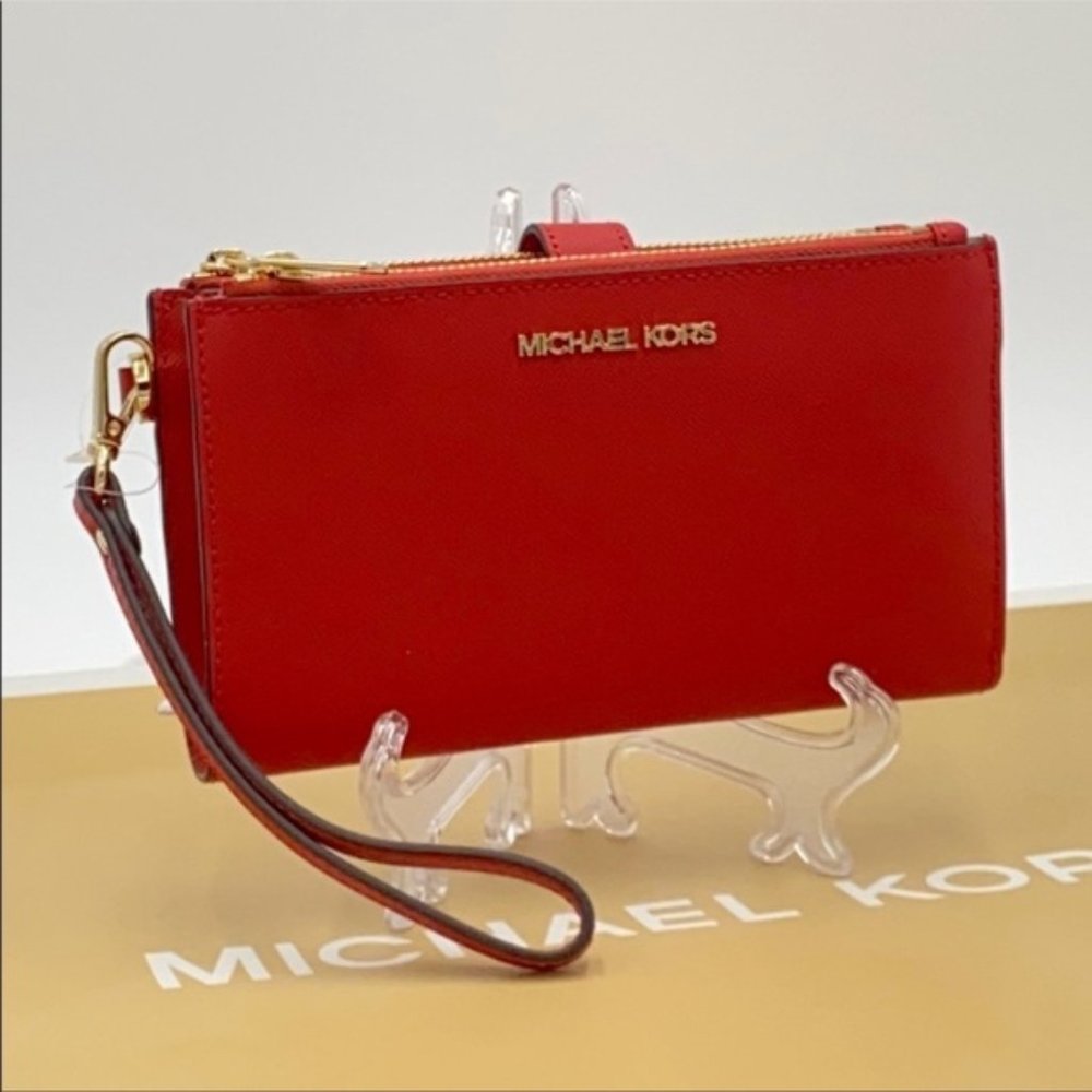 Michael Kors Jet Set Travel Large Double Zip Wallet Wristlet Leather Flame - Picture 2 of 16